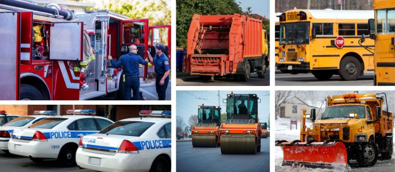 City County Fleet, Police cars, Fire Truck, Garbage Truck, Road Rollers, Buses, Snow Plows.