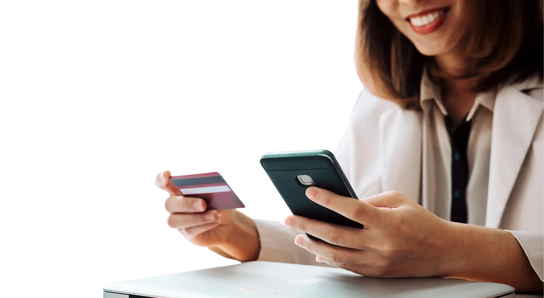 Woman Paying Bill with her credit card on her phone