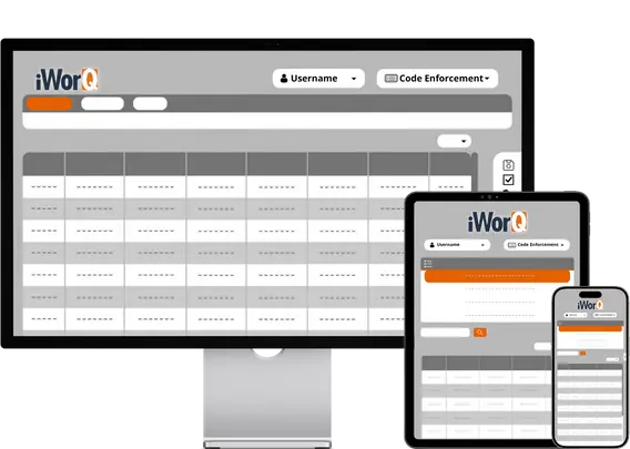 Code Enforcement Software shown on a desktop computer, tablet, and mobile phone.