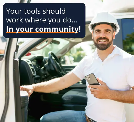 A code enforcement officer getting out of his truck holding a phone representing iWorQ's mobile capabilities. Caption reads, "Your tools should work where you do... in your community!"