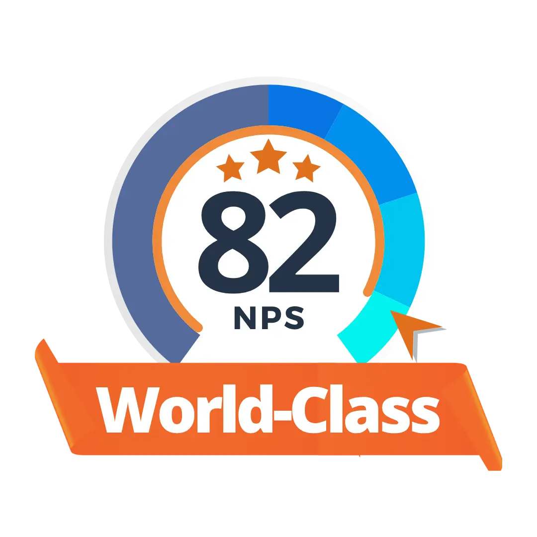 World-Class 82 Net Promoter Score badge showing customer satisfaction rating.