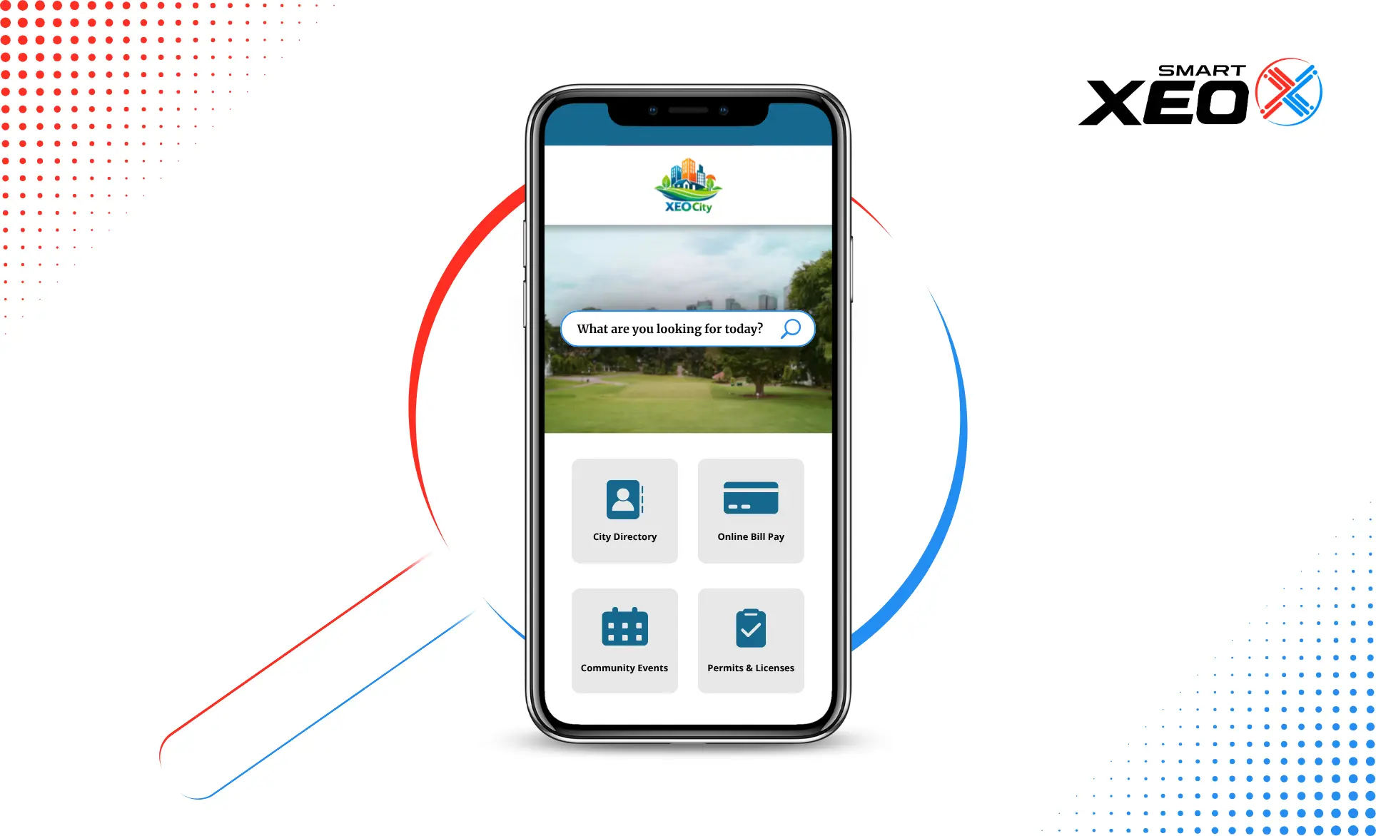 Smart XEO municipal website on mobile centered around an AI Search Bar.