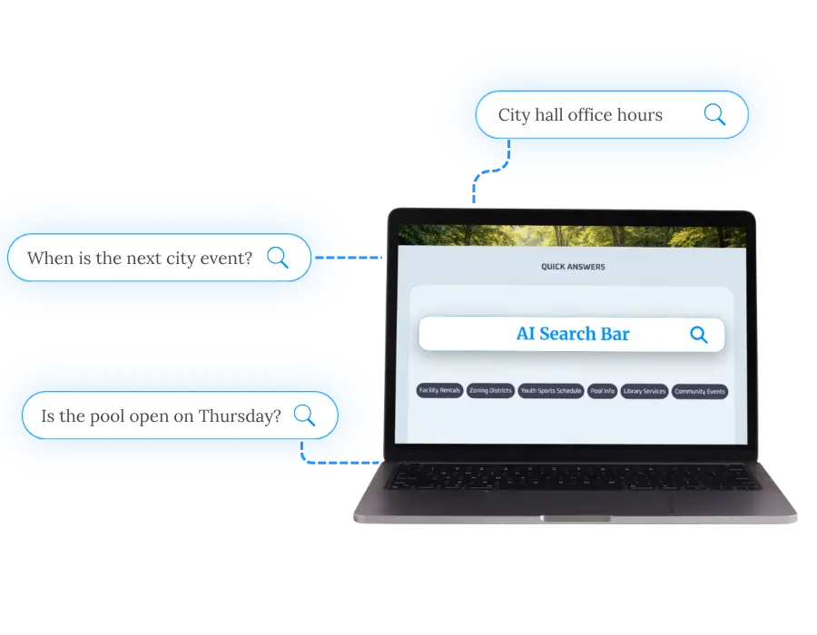 Smart XEO AI Search Bar providing instant answers to common municipal questions.